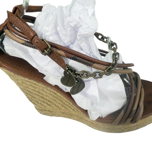 Burberry Tan Check Hearts Espadrille Wedges Sandals Shoes Size 9 - Picture 7 of 11